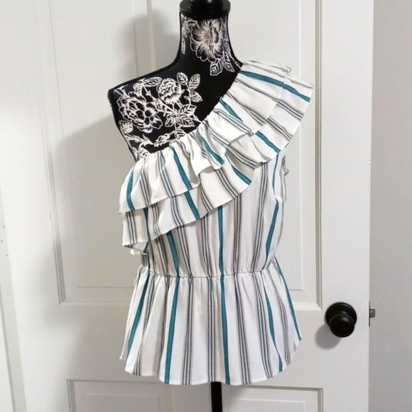 🆕️ 🌿Ann Taylor🌿 - Cream/Teal Striped One Shoulder Ruffle Top w/Sash - Picture 4 of 10